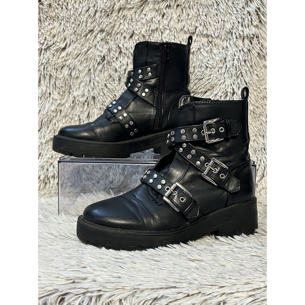 Chunky Black Ankle Boots Buckle Women's 5.5 Moto Biker‎ Grunge Goth Zip Up